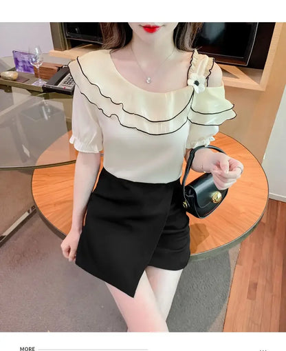 Sweet Slash Neck Off Shoulder Ruffles Blouses Female Clothing 2025 Summer New Loose Solid Color Korean Tops Puff Sleeve Shirts