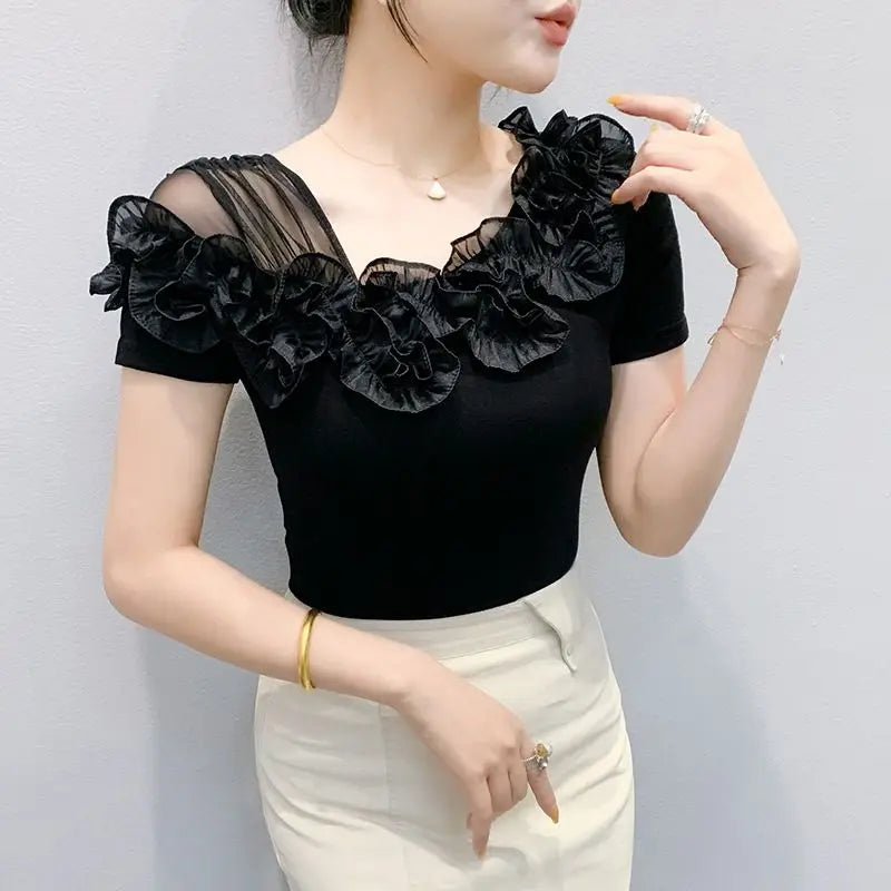 Faionable Floral Lace Ear ort Sve Slimming Me oulder Bared T-Shirt Women's Casual Sle Polyester Fabric Tee irt