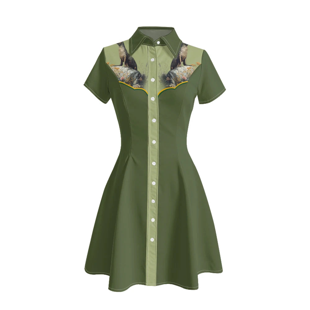 Women's Western Shirt Dress with Music Notes and Dolphin Print Cowboy Collar Button Up Pure Cotton Midi Dress Casual Boho Style