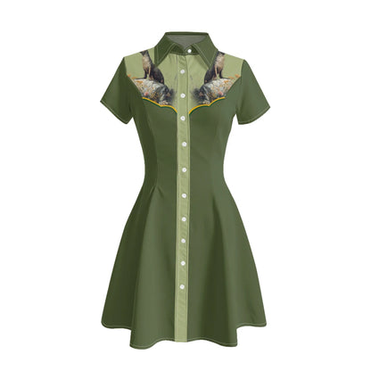 Women's Western Shirt Dress with Music Notes and Dolphin Print Cowboy Collar Button Up Pure Cotton Midi Dress Casual Boho Style