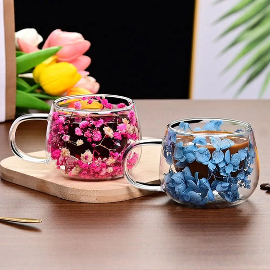 Juice Coffee Tea Cup Dried Flower Glass Cup Milk Mug with Handle Double Wall Mug Heat Resistant 150ML Clear Glass Cup Household