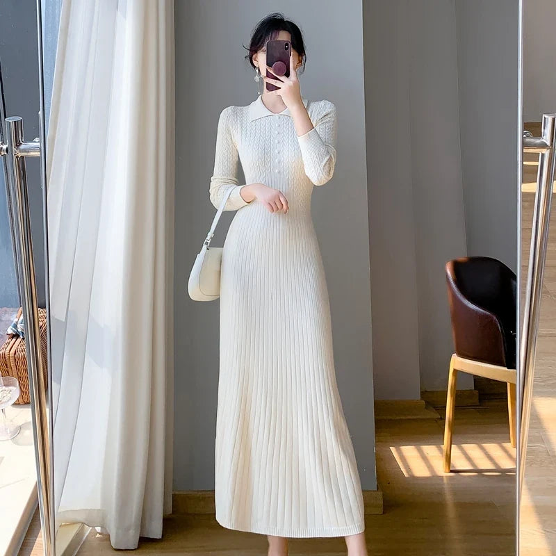 Sweater Dress Women New  Autumn Winter Purple White Or Black High Waist A Line Dress Elegant Long Knitted Dress (Available)