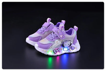 Hello Kitty Led Casual Sneakers for Summer Girls Print Mesh Breathable Shoes Children Lighted Non-Slip Cute Outdoors Sport Shoes