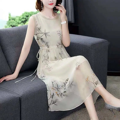 Summer New Elegant Fashion Printing Tank Dress Ladies Sleeveless Holiday Casual Robe Women Drawstring Waist A-line Midi Vestidos