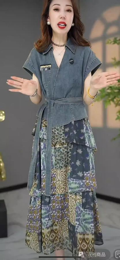 Women's Summer Dress Fake Two Piece Cowboy New Vintage Simple Loose Casual Design Fashion Advanced Soft Niche Versatile Skinny
