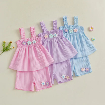 0-4years Baby Girl Summer Outfit 3D Flower Design Ruffled Trim Smocked Sleeveless Tops and Shorts 2 Pcs Set for Toddler girls