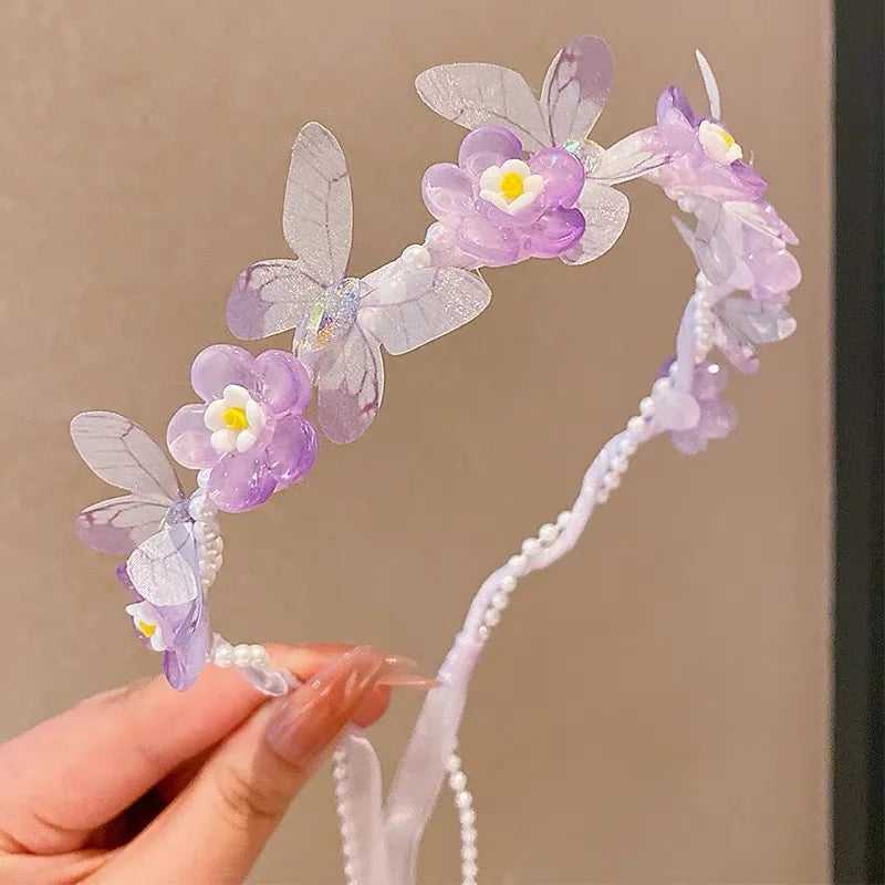 Sweet Wreath Ribbon Hair Hoops for Girl Cute Flower Butterfly Fairy Headdress Princess Braided Hair Bands