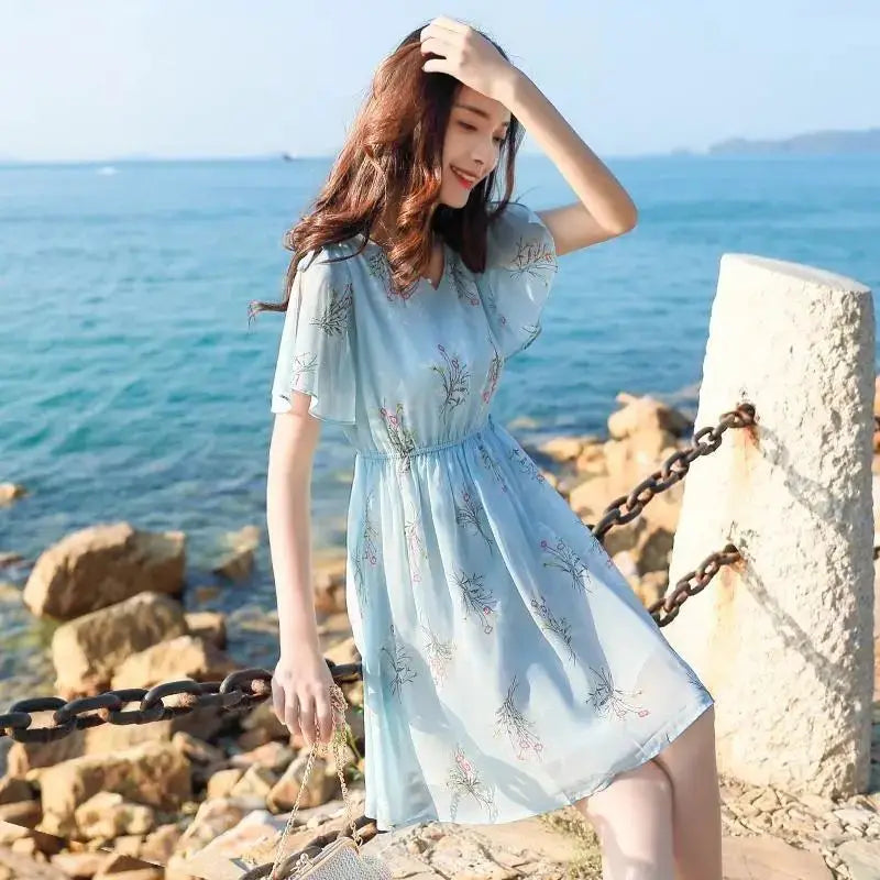 Sweet V-Neck Printing Shirring Bow Chiffon Floral Dress Female Clothing Summer New Loose Butterfly Sleeve Princess Dress