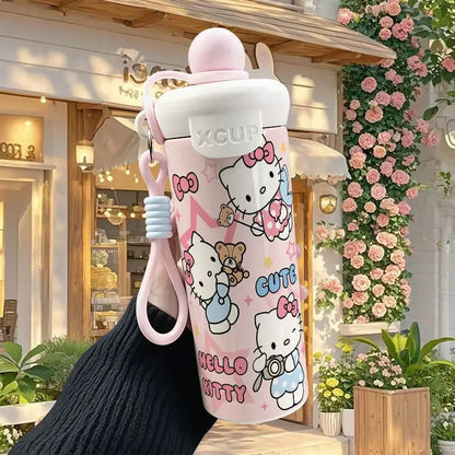 600ml Sanrio Hello Kitty Vacuum Thermos Cup SS316 Insulated Coffee Mug with Lifting Rope Portable Outdoor Drinking Water Kettle
