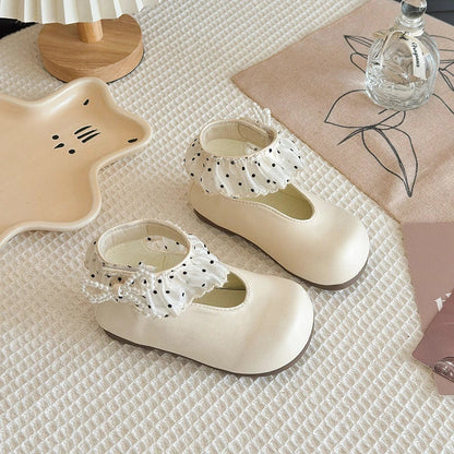 Girl's Leather Shoes Frilly Pearl Adorable Hook-loop Kids Flat Shoe Beige Brown Shallow Sweet Trendy Children Shoe 23-34