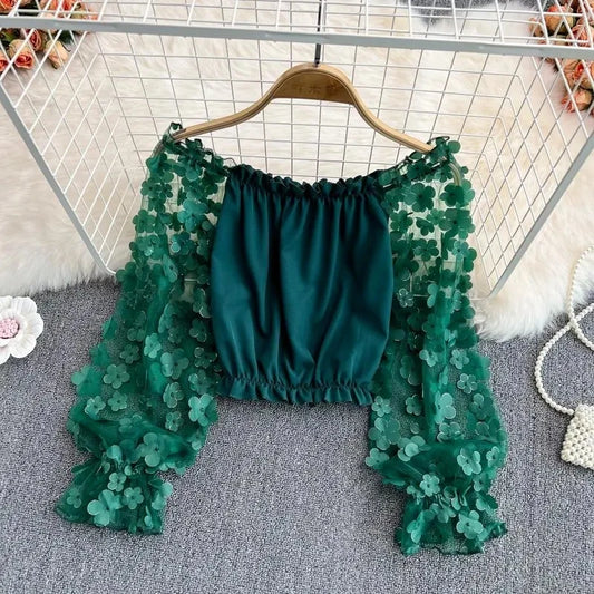 Flower Three-dimensional Decoration Slash Neck Long Sleeve Women's Blouse Shirt Korean Fashion Female Clothing Tops 2024 Summer