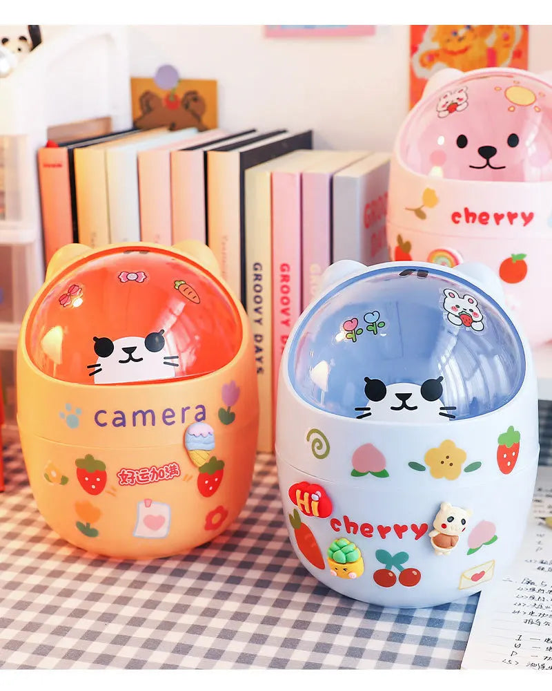 Mini Desktop Trash Can Organizer Cute Bear Multifunction Creative Cosmetic Bucket with Lid Pen Holder Kawaii Stickers Patchers