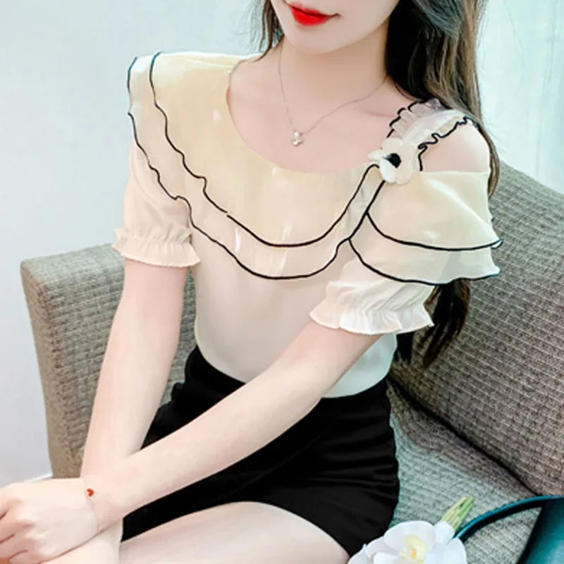 Sweet Slash Neck Off Shoulder Ruffles Blouses Female Clothing 2025 Summer New Loose Solid Color Korean Tops Puff Sleeve Shirts