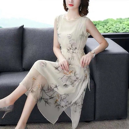 Summer New Elegant Fashion Printing Tank Dress Ladies Sleeveless Holiday Casual Robe Women Drawstring Waist A-line Midi Vestidos