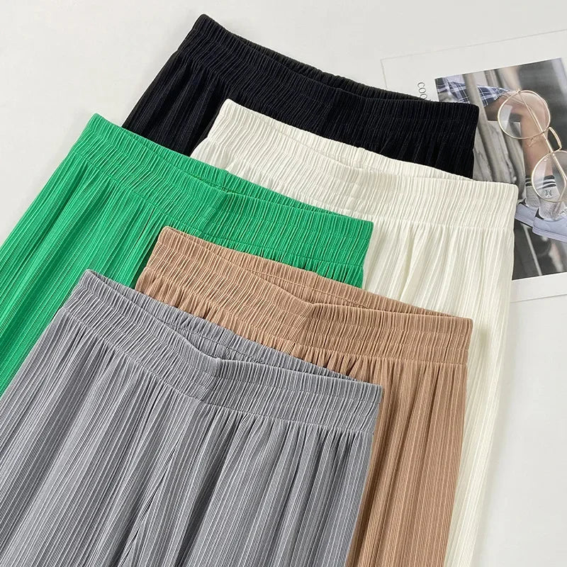 Korea Dongdaemun Ice Silk Wide-leg Pants Women's Thin Slimming Floor Pants White Striped Pants Y2K Fashion Pants Baggy (Available)