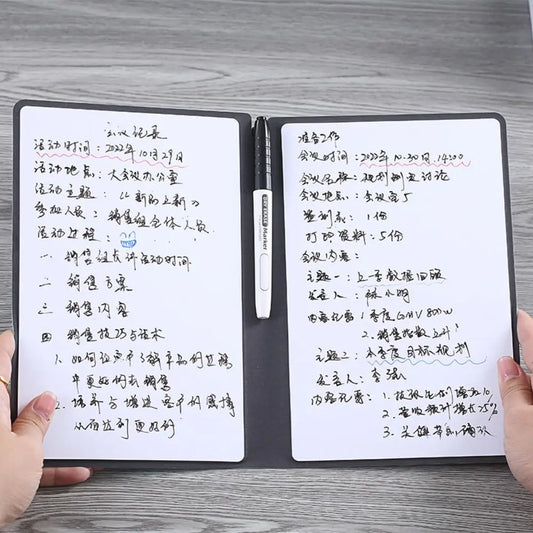 Reusable A4 Whiteboard Notebook With Whiteboard Pen Leather Erasable Whiteboard Draft Stationery With Erasing Cloth Memo Pad