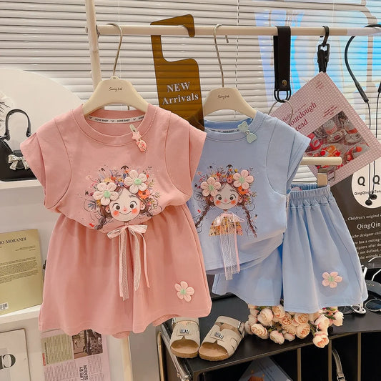 Korean Fresh Style Summer Set Cute Short Sleeve Top & High-Waist Shorts for Girls, 2-Piece Outfit