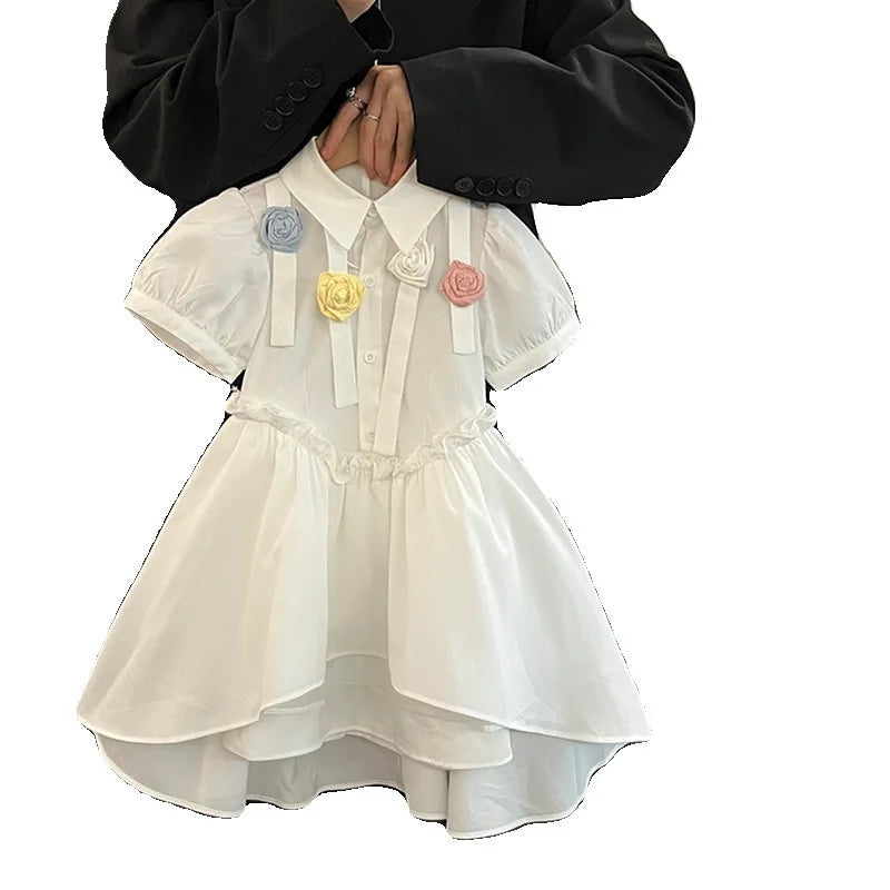 Girls’ Floral Summer Party Dress – White Puff Sleeve Dress with Floral Print Lightweight Cotton Blend for Ages 2–7 Girls Clothes