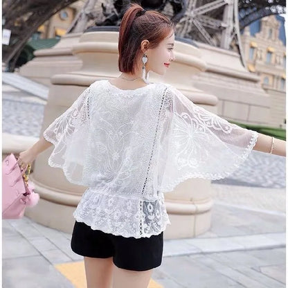 TingYiLi Batwing Sleeve Hollow Out Embroidery Cotton Top Women Summer Black White Lace Short Blouses Vintage Sweet Boho Top