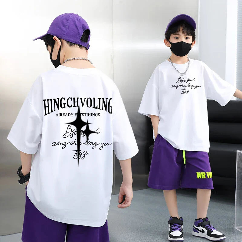 Summer 100% Cotton Boys Blue T-shirt Cool Graffiti Printed Girls Tees Short Sleeve Children Tops High Quality Kids Clothes