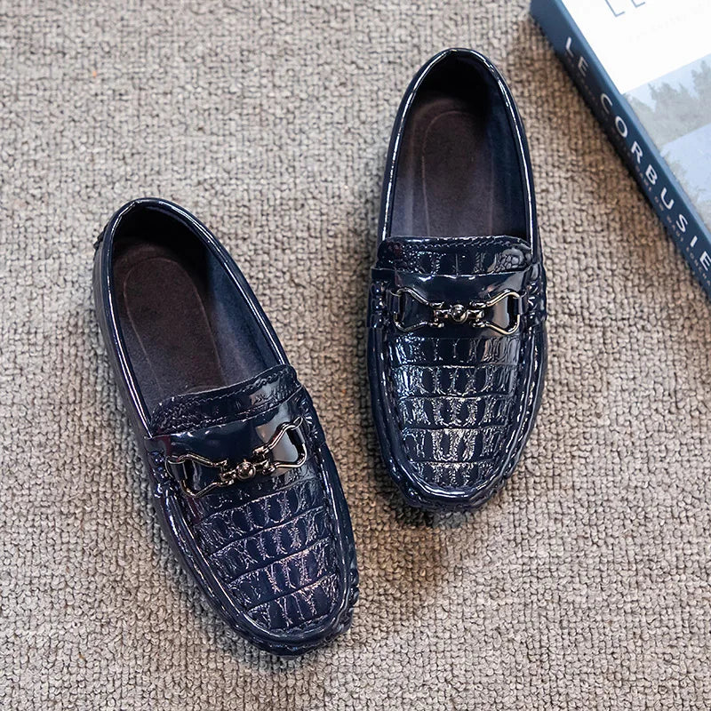 Boys Loafers Non-slip Children's Leather Shoes All-match Four Seasons Metal Buckle  Shiny Simple Kids Fashion Moccasin Shoes