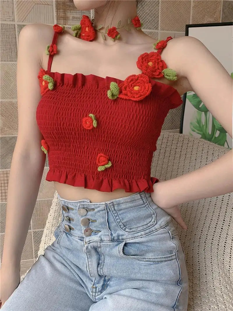 Camis Women 3D Decoration Patchwork Crop Top Slim Design Retro Classic Sexy Basic Korean Style Ulzzang Ins Holiday College Young