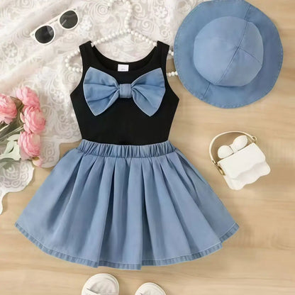2026 New Summer Girls Elegant Sleeveless Bow Vest & Vintage Denim Princess Dress 9M-4Y