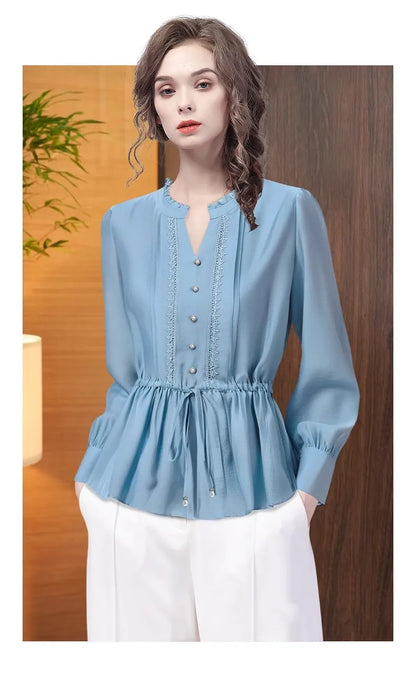 Elegant French Style V-Neck High End Blue Long Sleeve Blouse 2025 Fall New Belt Lace-up Fashion Slim Cinched Waist Tops Shirts
