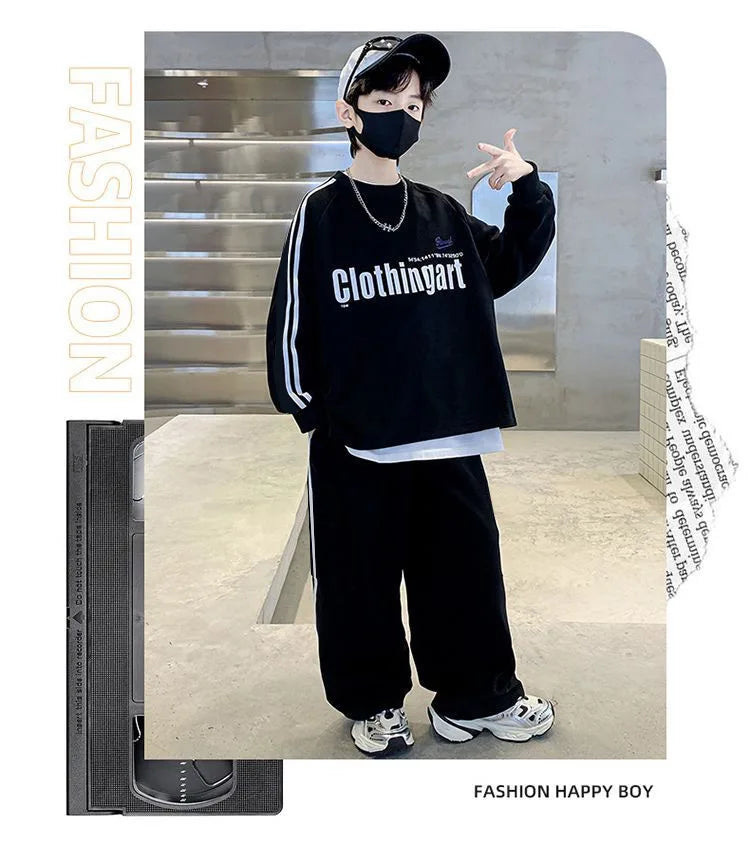 Teenager boys Suit autumn winter Cloth letter striped sweatshirt hooded + wide leg Pants tracksuit 5 8 10 12 Year Child set