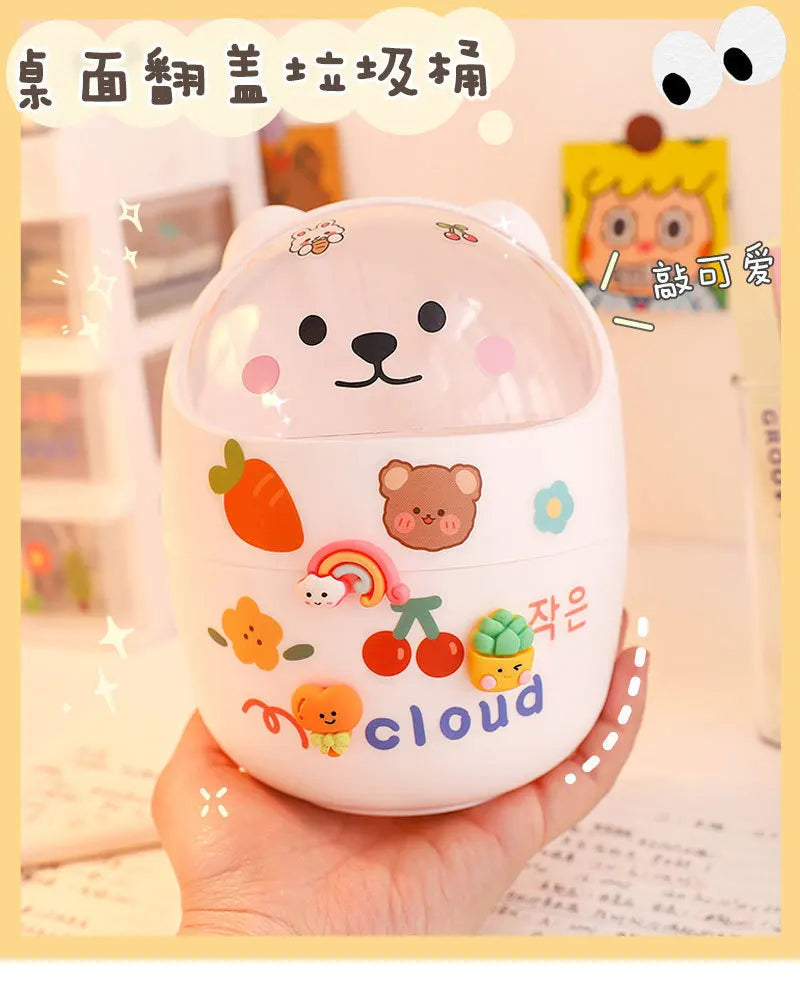 Mini Desktop Trash Can Organizer Cute Bear Multifunction Creative Cosmetic Bucket with Lid Pen Holder Kawaii Stickers Patchers