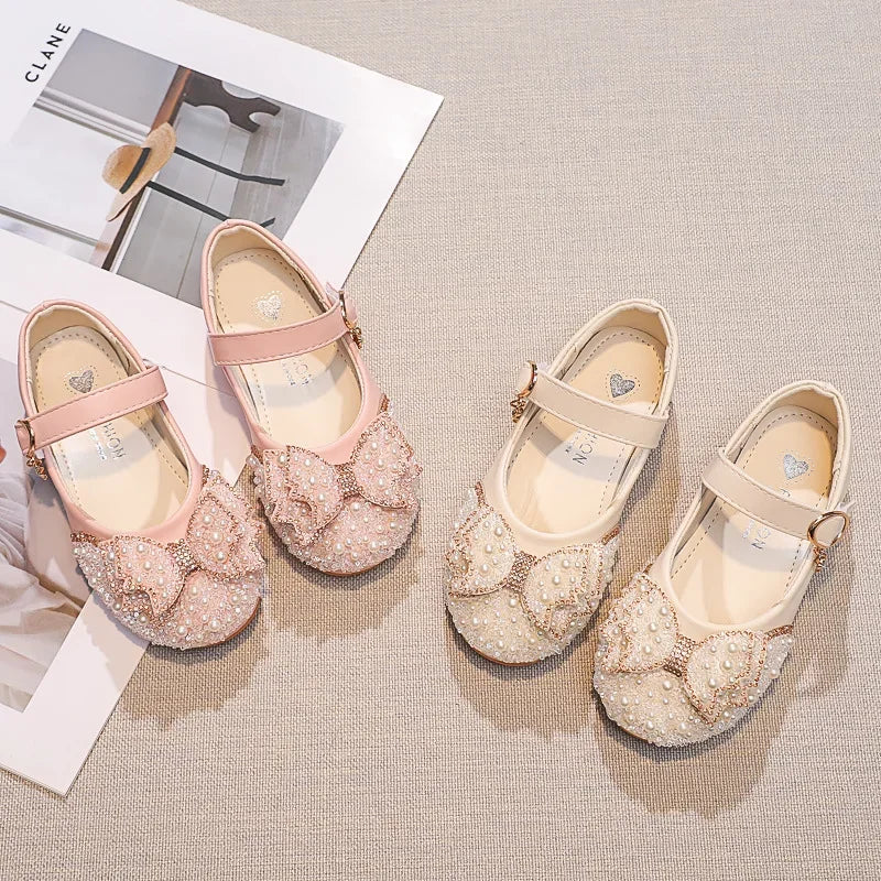 Fashion Girl Glitter Shoes Kids Flat Shoes Sequins Rhinestone Pearl Princess Bowknot Leather Shoes for Student Performance Party