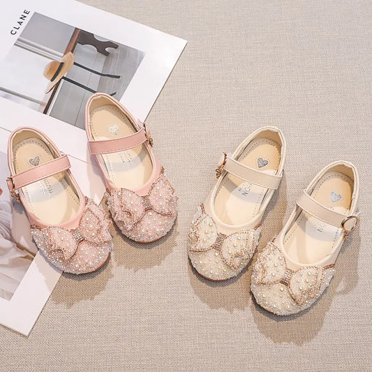 Fashion Girl Glitter Shoes Kids Flat Shoes Sequins Rhinestone Pearl Princess Bowknot Leather Shoes for Student Performance Party
