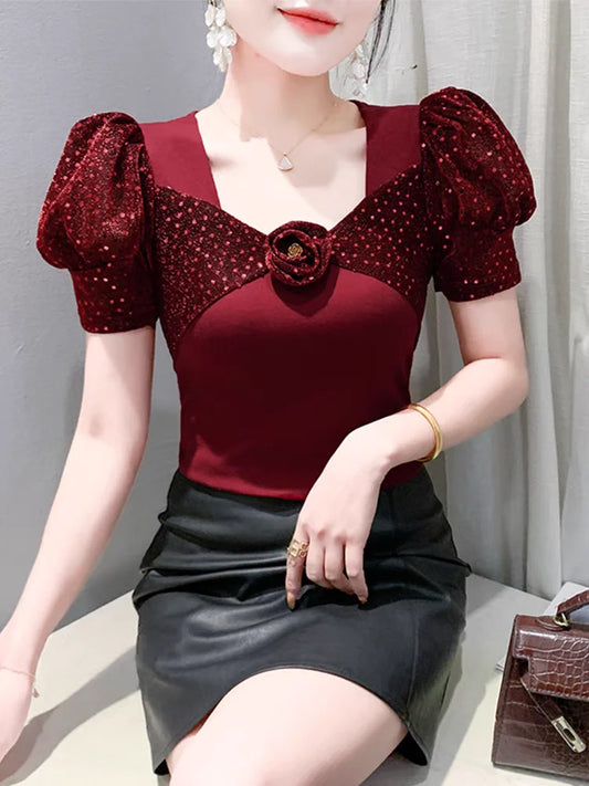 Women's Chic Youthful Square Neck Puff Sleeve T-Shirt Shimmery Floral Summer Blouse  Slim Fit Trendy Top