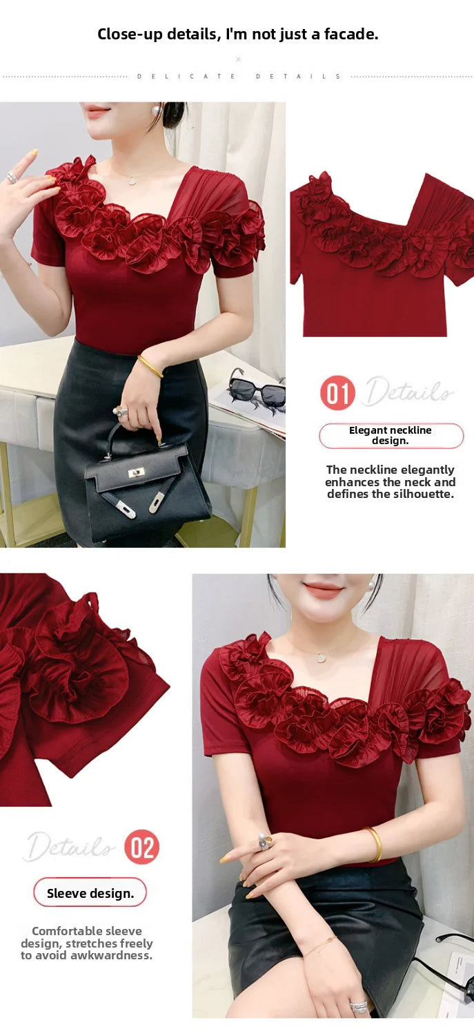 Faionable Floral Lace Ear ort Sve Slimming Me oulder Bared T-Shirt Women's Casual Sle Polyester Fabric Tee irt