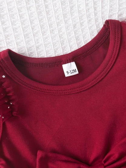 Girls' Burgundy Star Dress: Ruffle Sleeve Bow Tulle Party Outfit