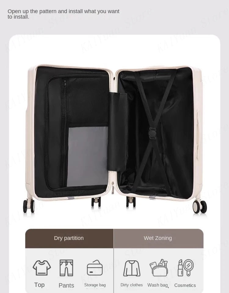 Front Opening Wide Handle Suitcase 20 inches Carry-on Cabin Suitcase Multifunctional Travel Luggage Zipper Aluminum Frame