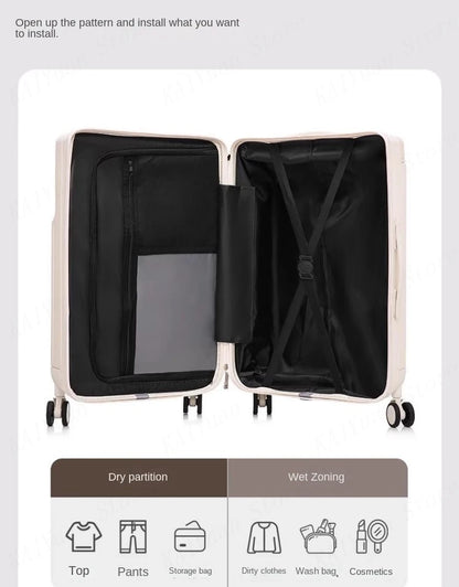 Front Opening Wide Handle Suitcase 20 inches Carry-on Cabin Suitcase Multifunctional Travel Luggage Zipper Aluminum Frame