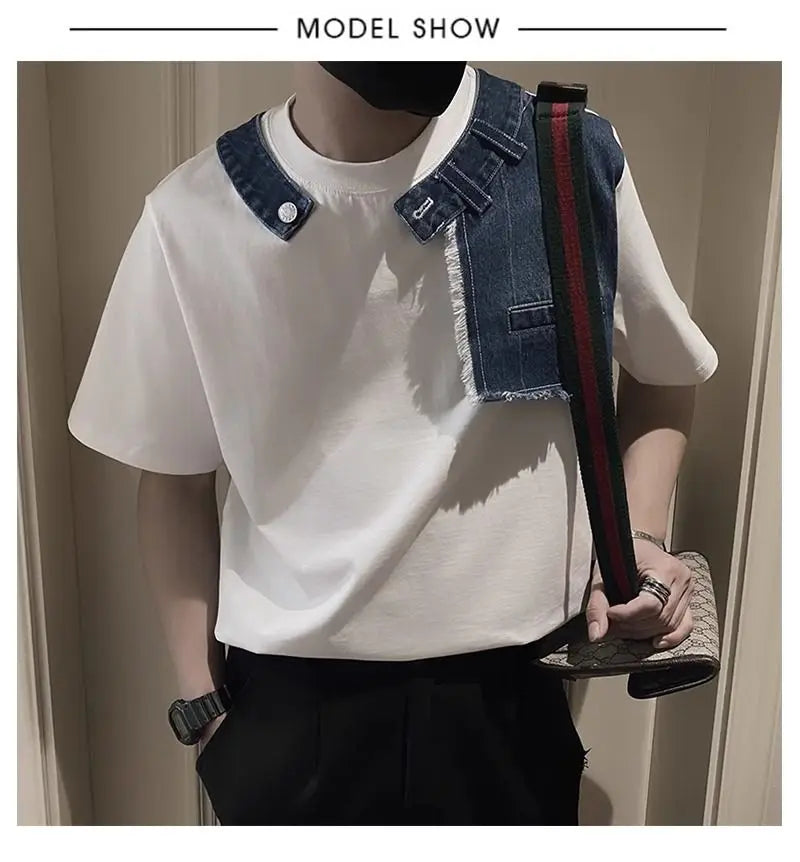 Men Trendy Vintage Denim Patchwork Design Tees Summer Short Sleeve Luxury Chic T Shirt Casual Round Neck Loose Tops Ropa Hombre  ( Available )