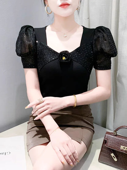 Women's Chic Youthful Square Neck Puff Sleeve T-Shirt Shimmery Floral Summer Blouse  Slim Fit Trendy Top