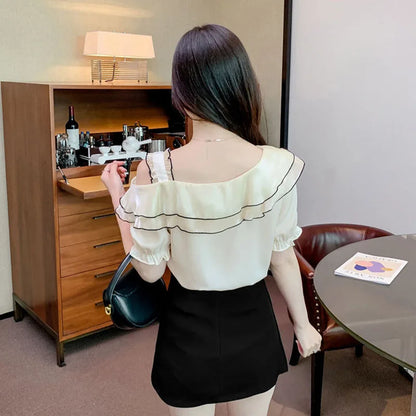 Sweet Slash Neck Off Shoulder Ruffles Blouses Female Clothing 2025 Summer New Loose Solid Color Korean Tops Puff Sleeve Shirts
