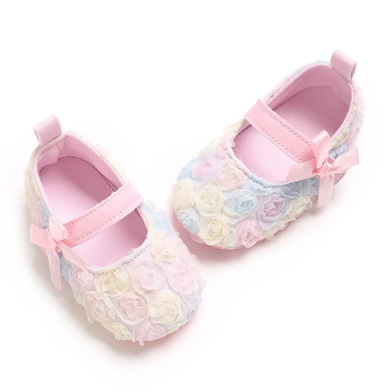Cute Flower Baby Princess Shoes With Bow Decoration Soft Sole Comfortable Flat Shoes Suitable For 0-18M Infants And Toddlers