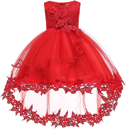 Toddler Girls Party Dress Infant Baby Christmas New Year Red Lace Flower Beaded Princess Dress For Newborns Wedding Baptism Gown