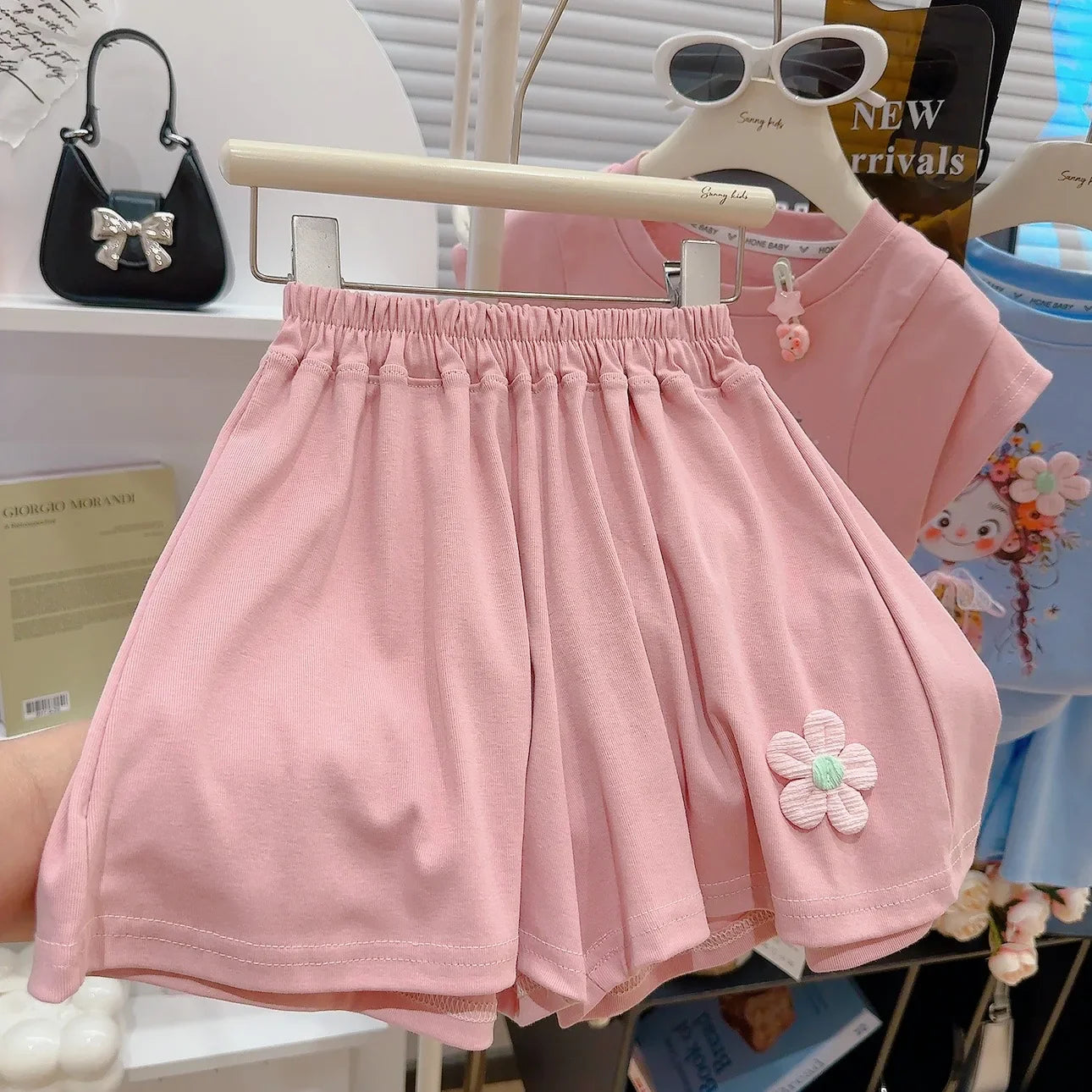 Korean Fresh Style Summer Set Cute Short Sleeve Top & High-Waist Shorts for Girls, 2-Piece Outfit