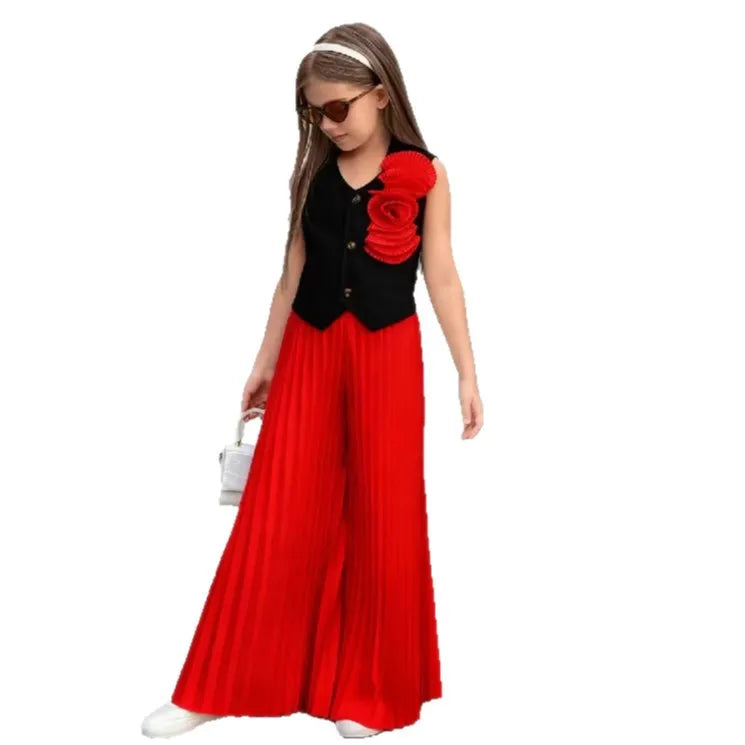 Little Girls' Color - Block Fashion Two - Piece Set: 3D Floral Sleeveless Vest + High - Waisted Pleated Wide - Leg Pants