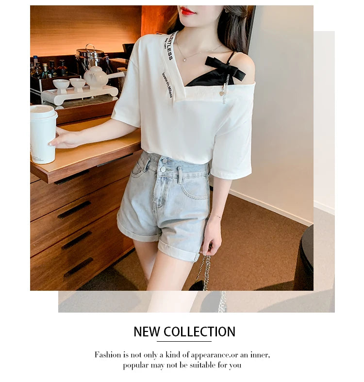 Unique Design oulder Bared ort Sve V-Ne Loose T-irt for Women  Knot Print Splice Asymmetrical Korean Sle