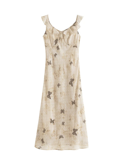 ZIQIAO Chiffon Summer Long Dress Sleeveless Bow Print Female A-LINE Dress Short Sleeve Polyester Dress24ZQ92353+24ZQ92319