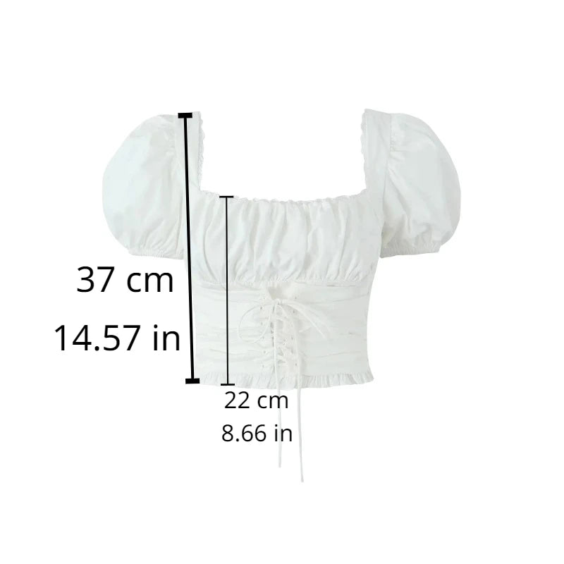 Mingmingxi Short Sleeve Cropped Top Women Fashion White Square Neck Tops Preppy Style Cotton Lace Up Blouse Women Clothing