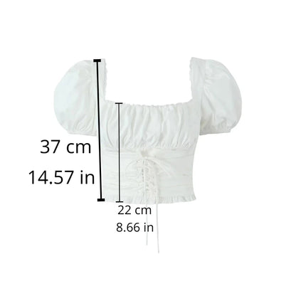 Mingmingxi Short Sleeve Cropped Top Women Fashion White Square Neck Tops Preppy Style Cotton Lace Up Blouse Women Clothing