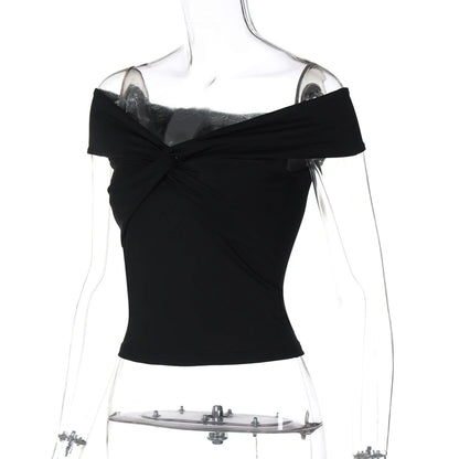 Faionable Pure Color Knot Fold over One oulder ort Crop Top T-irt Street Sle Slim Fit Polyester Summer New Arrival