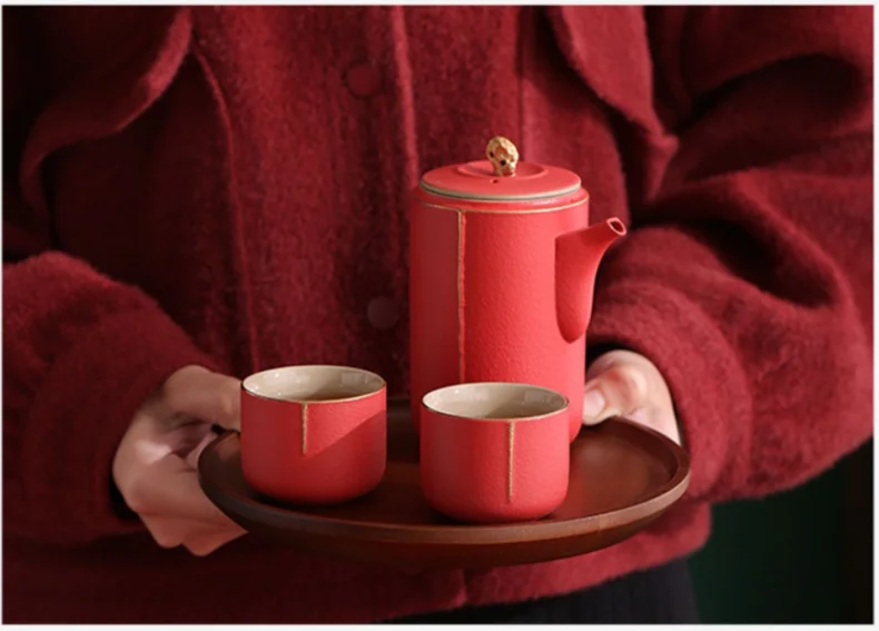 Traditional Chinese Tea Set, Porcelain Teapot, Stainless Steel, Tea Strainer, Cup, Bride and Groom Gifts, Traditional Red, Wed